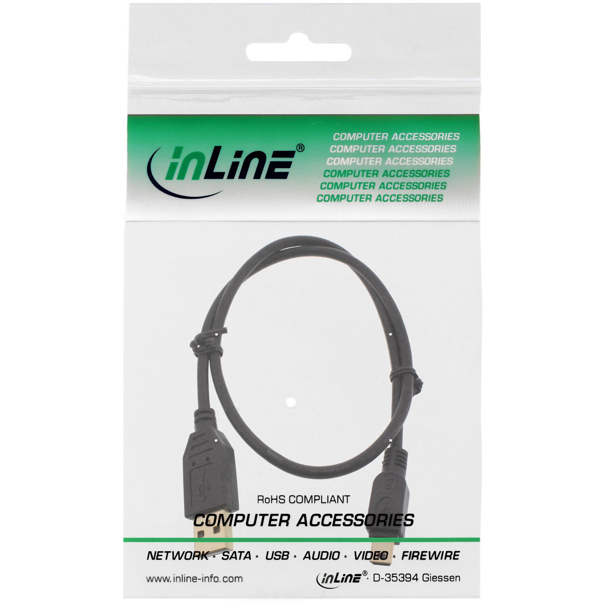 INLINE - USB 2.0 Mini-Kabel - USB A ST/Mini ST 5pol - schwarz - vergold. Kont. - 0,3m