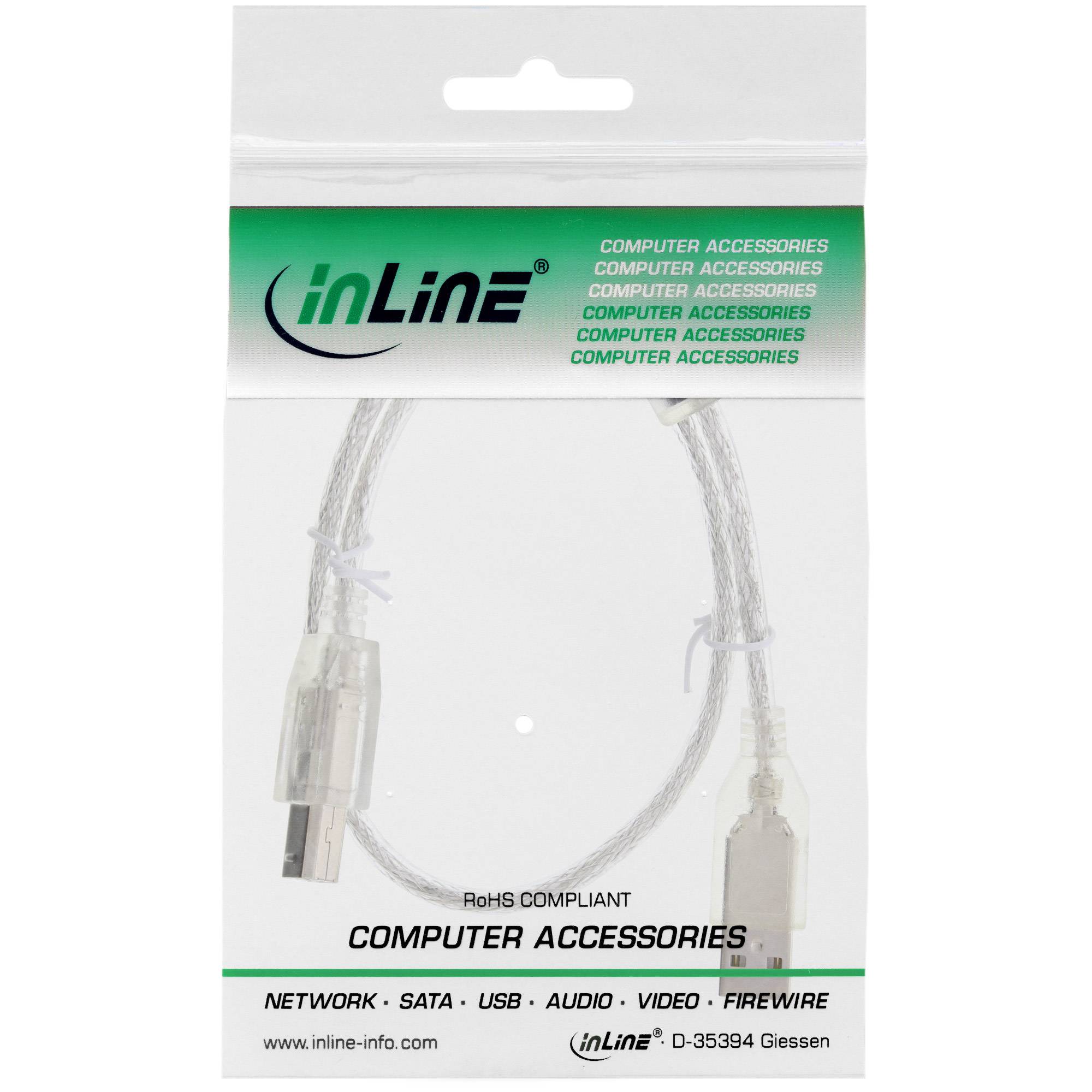 INLINE - USB 2.0 Kabel - A an B - transparent - mit Ferritkern - 0,5m