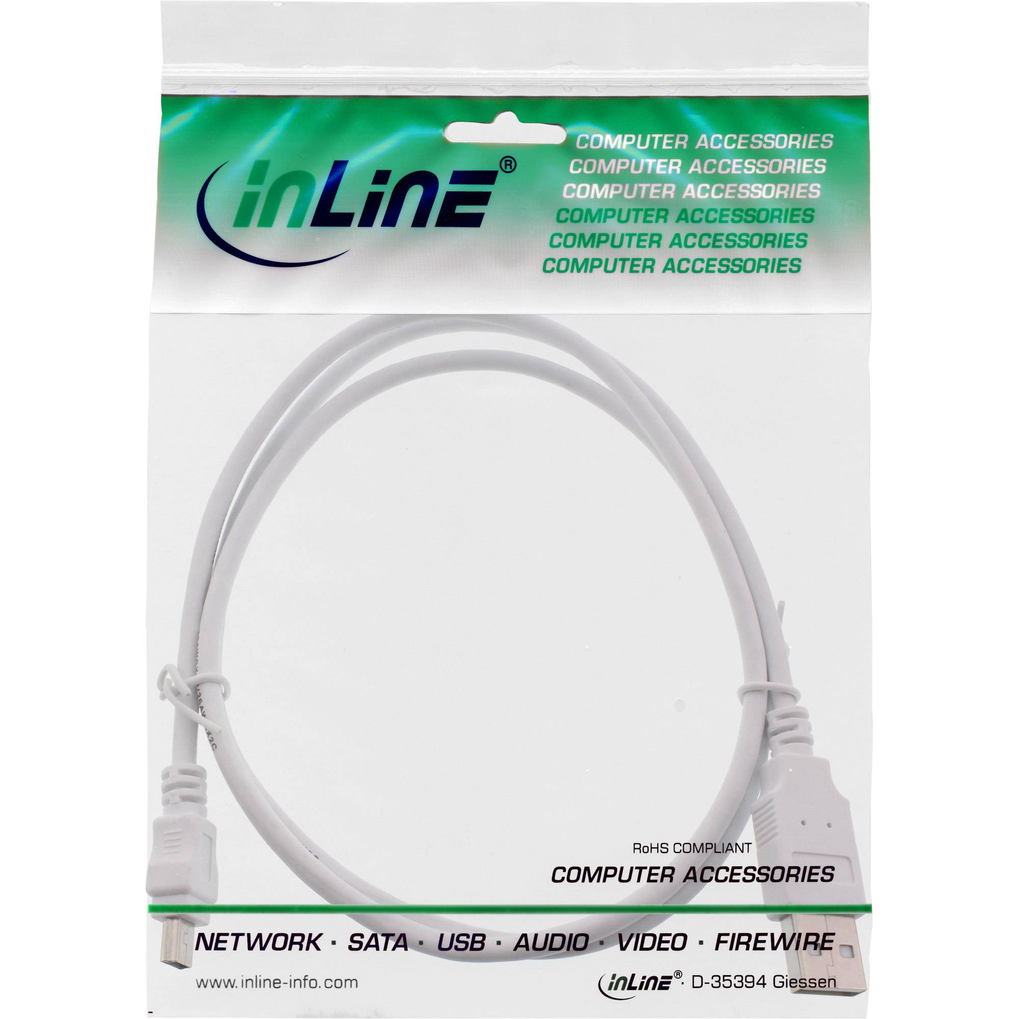 INLINE - USB 2.0 Mini-Kabel - USB A Stecker an Mini-B Stecker (5pol.) - weiß - 1m