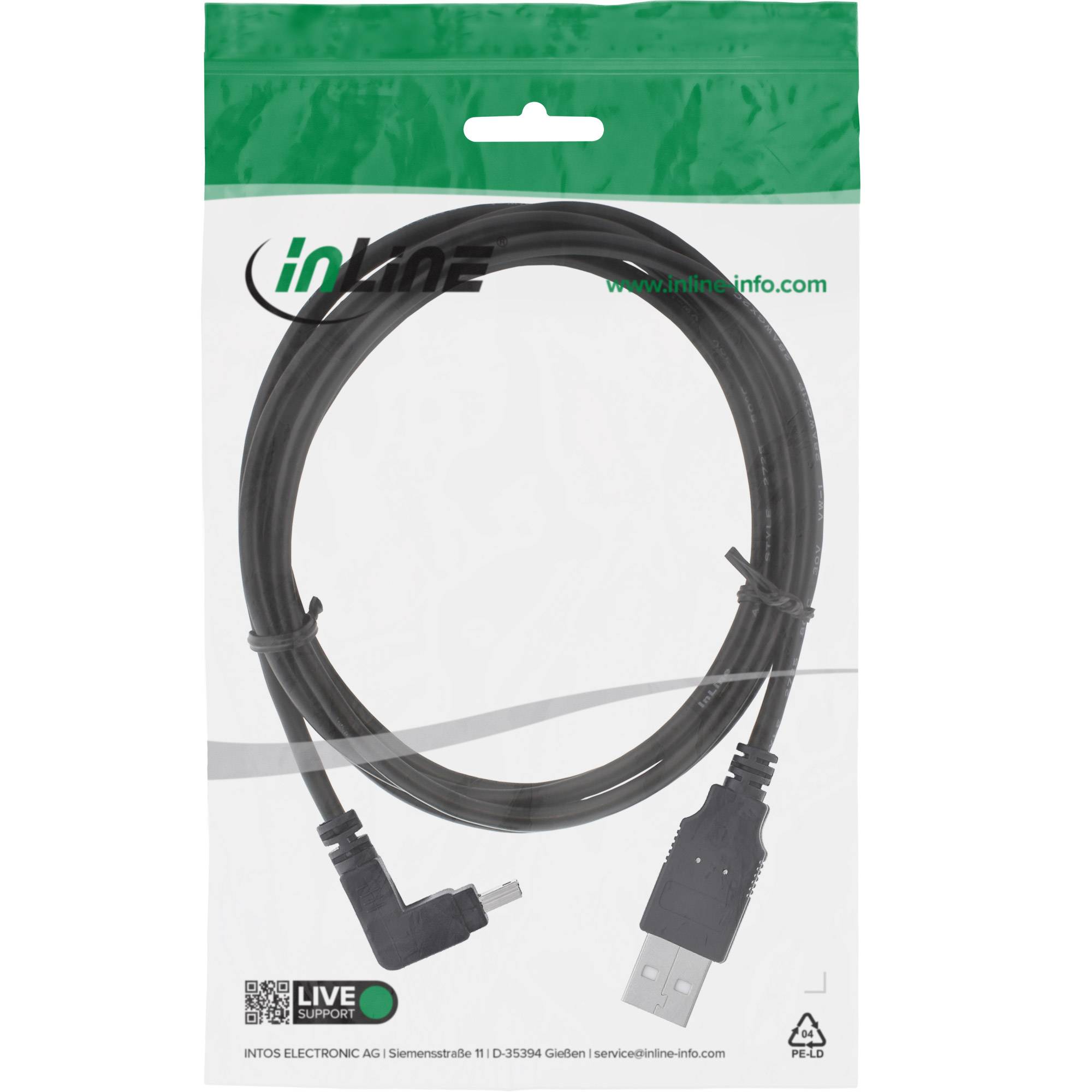 INLINE - USB 2.0 Mini-Kabel - ST A/Mini-B ST (5pol) oben abgew. 90° - schwarz - 3m