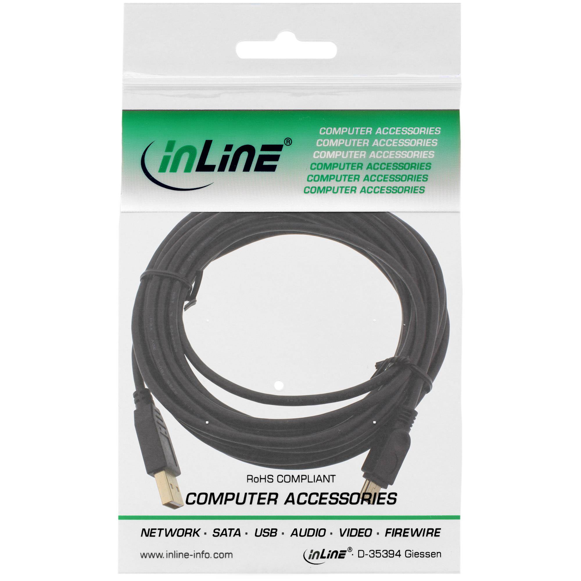 INLINE - USB 2.0 Mini-Kabel - USB A ST/Mini ST 5pol - schwarz - vergold. Kont. - 5m