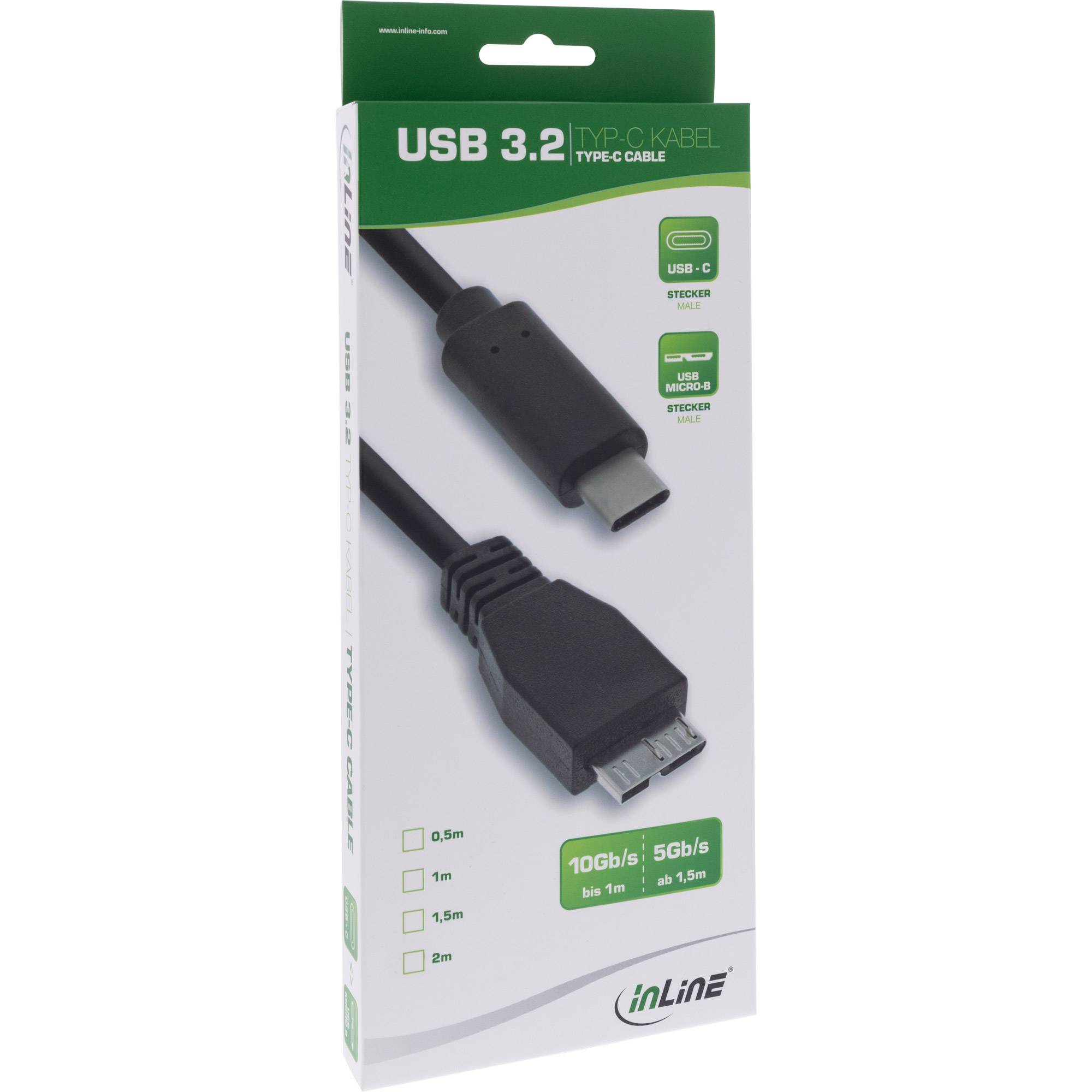 INLINE - USB 3.2 Gen.1x2 Kabel - USB-C Stecker an Micro-B Stecker - schwarz - 0,5m