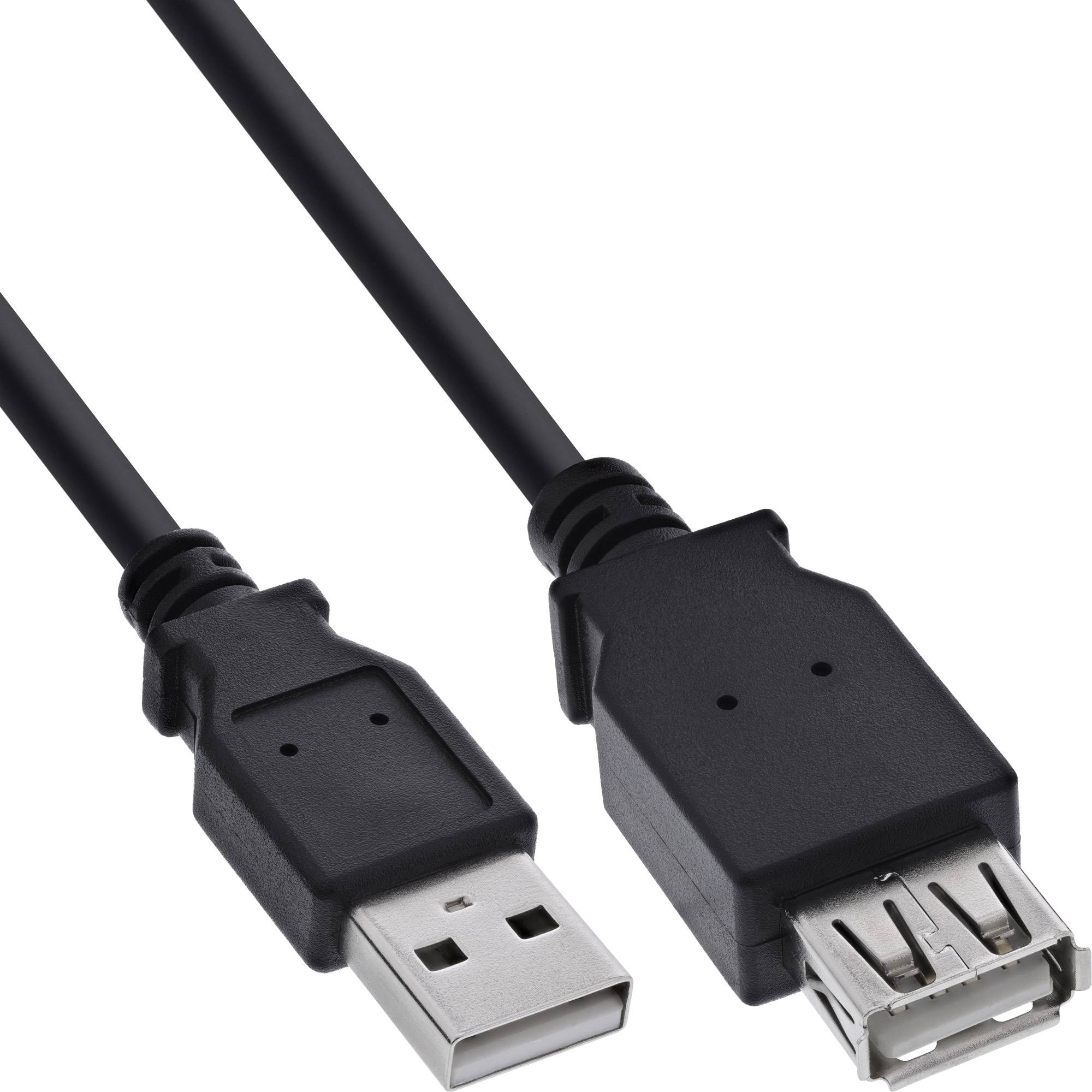 Zwei schwarze USB-Kabel mit USB-Typ-A-Steckern, eines Standard und eines verlängert mit Schutzgehäuse, auf weißem Hintergrund dargestellt.
