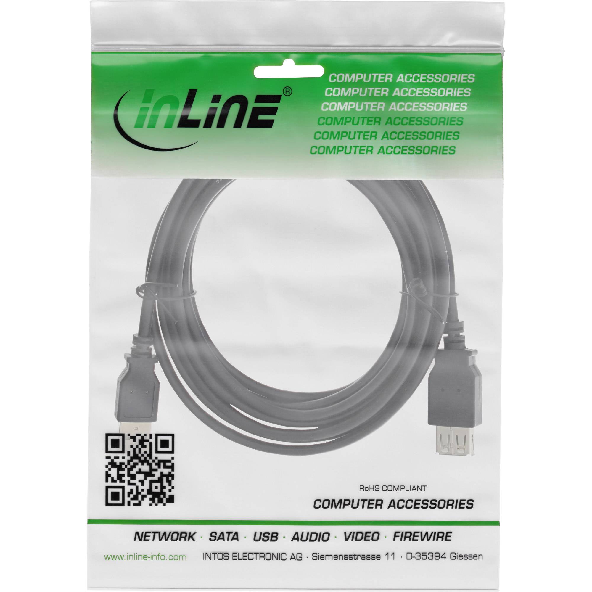 Verpacktes USB-Inline-Kabel mit USB-A-Steckern, aufgerollt in durchsichtiger Einzelhandelsverpackung mit der Aufschrift „Computerzubehör