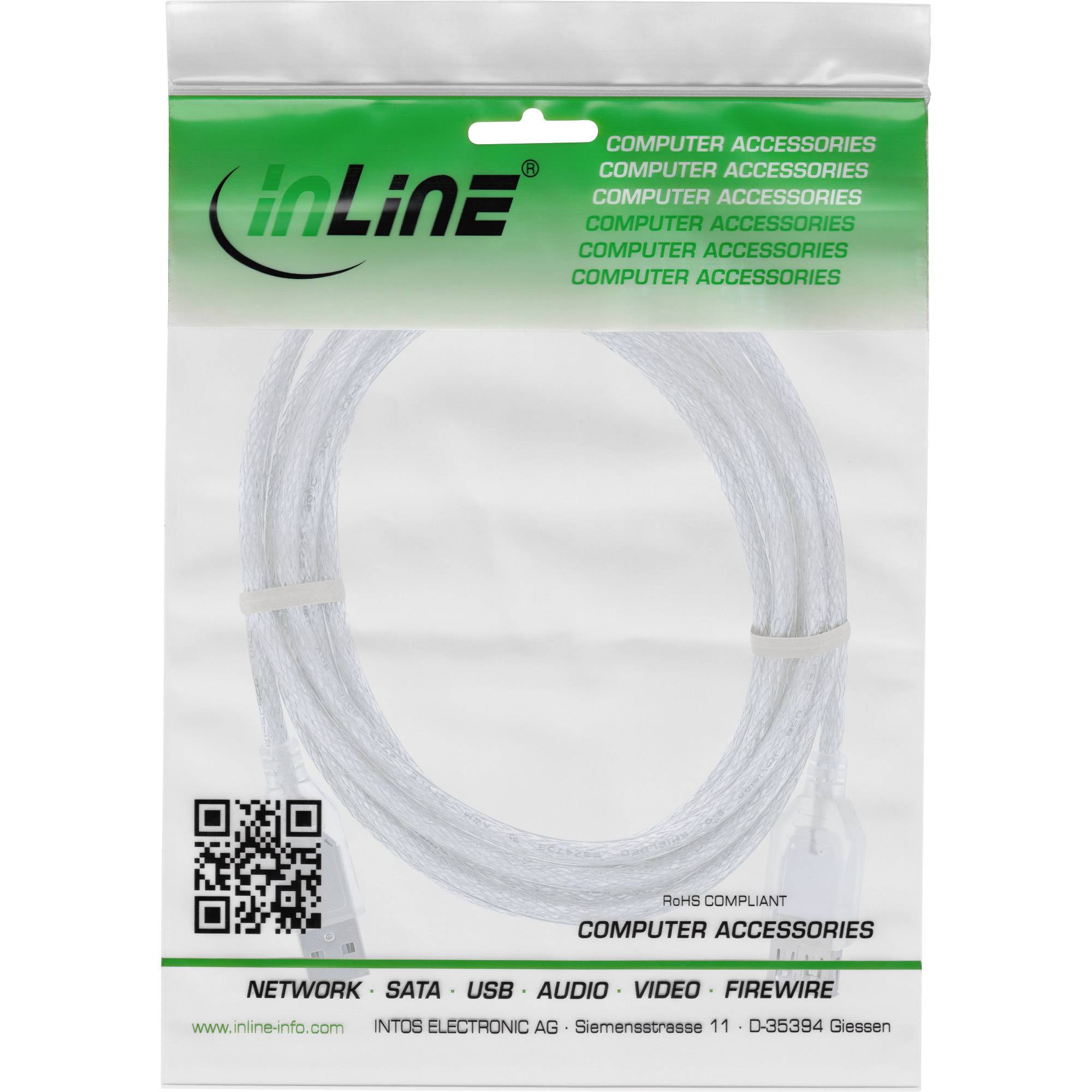 Verpacktes weißes Computerkabel in einer durchsichtigen Plastiktüte mit der Bezeichnung "inLine"" und ""Computerzubehör"", mit QR-Code und Steckerbezeichnungen.