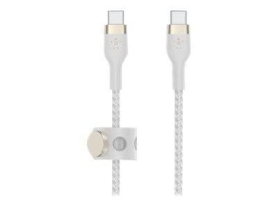 Zwei weiße USB-C-Ladekabel nebeneinander gezeigt, eines mit einer verschiebbaren runden Kabelklammer, die in der Nähe der Mitte angebracht ist.