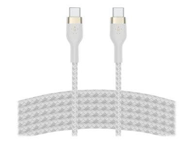 Zwei weiße USB-C-Ladekabel mit geflochtenen Kabeln, nebeneinander auf weißem Hintergrund dargestellt.