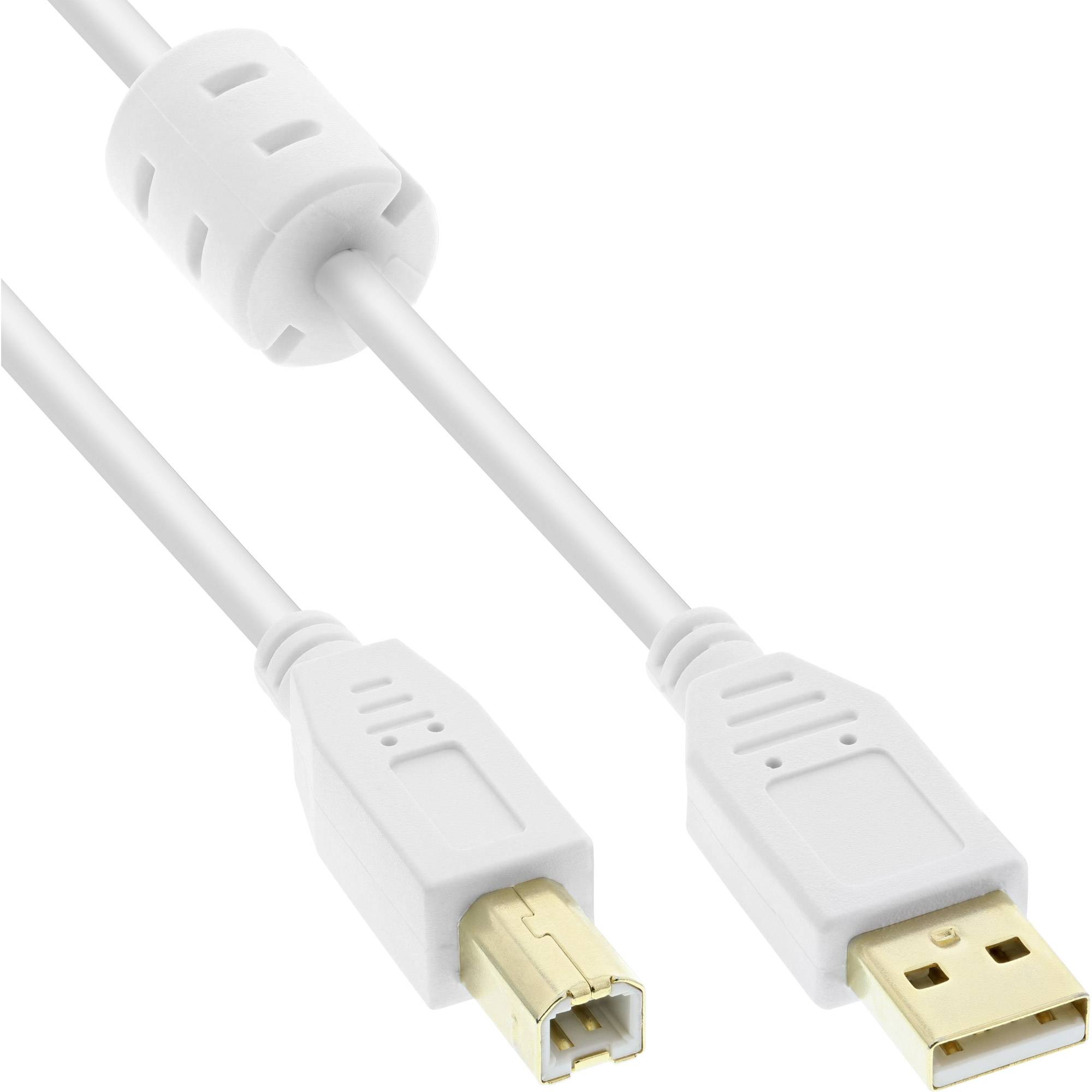 INLINE - USB 2.0 Kabel - A an B - weiß / gold - mit Ferritkern - 5m