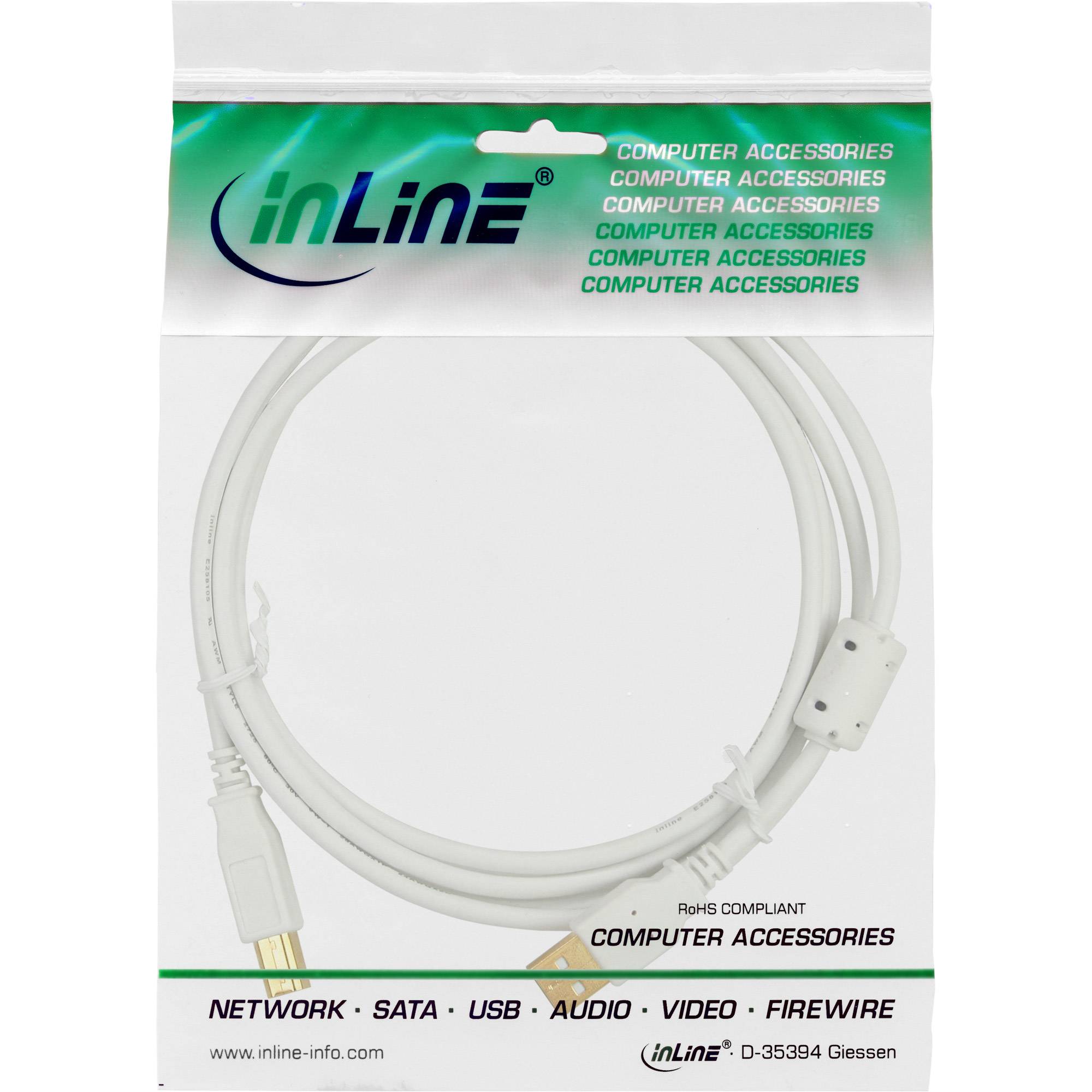 INLINE - USB 2.0 Kabel - A an B - weiß / gold - mit Ferritkern - 5m