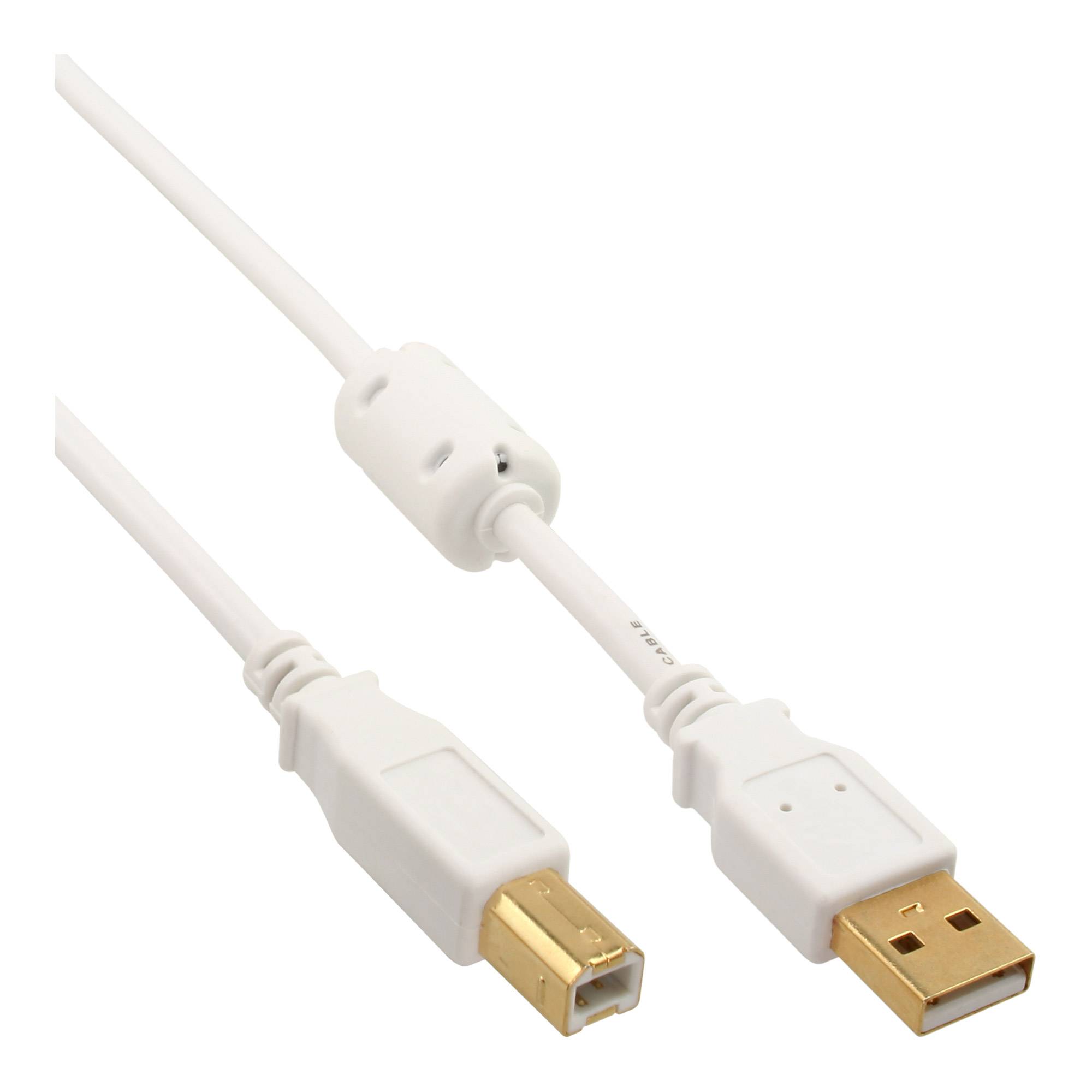 INLINE - USB 2.0 Kabel - A an B - weiß / gold - mit Ferritkern - 10m