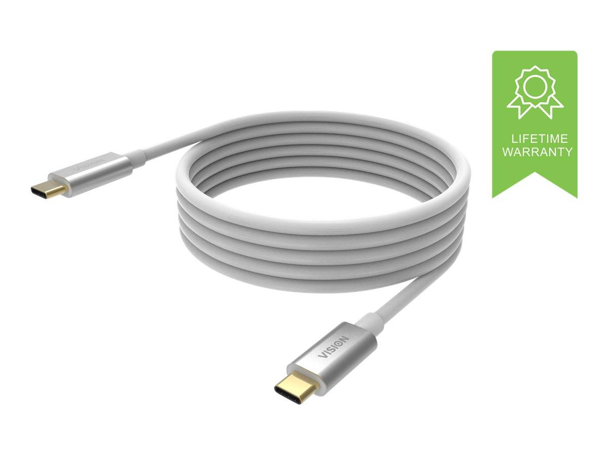 Aufgerolltes graues USB-C-Kabel mit metallischen Steckern, dargestellt mit einem grünen Badge „LEBENSLANGE GARANTIE