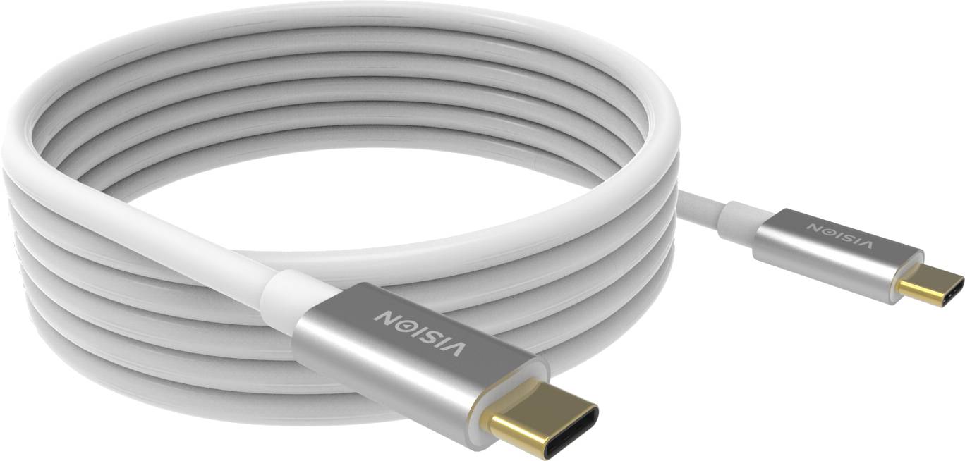 Aufgerolltes weißes USB-C-Kabel mit silbernen Steckern, dargestellt als Produktbild auf weißem Hintergrund.