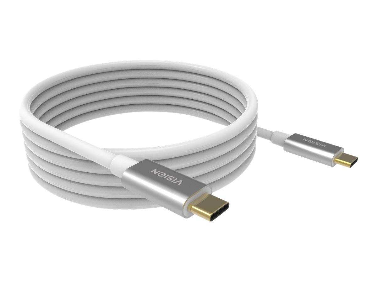 Aufgerolltes graues USB-C-Kabel mit metallischen Steckern, gezeigt auf weißem Hintergrund.
