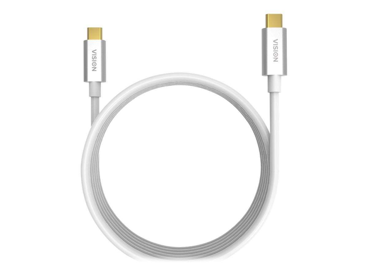 Weißes USB-C-Kabel in eine Schleife aufgerollt, mit Anschlüssen, die an beiden Enden mit "VISION"" gekennzeichnet sind.