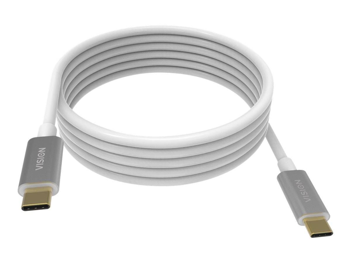 Weiß gerolltes USB-C-Kabel mit „VISION"-gekennzeichneten Steckern auf beiden Seiten