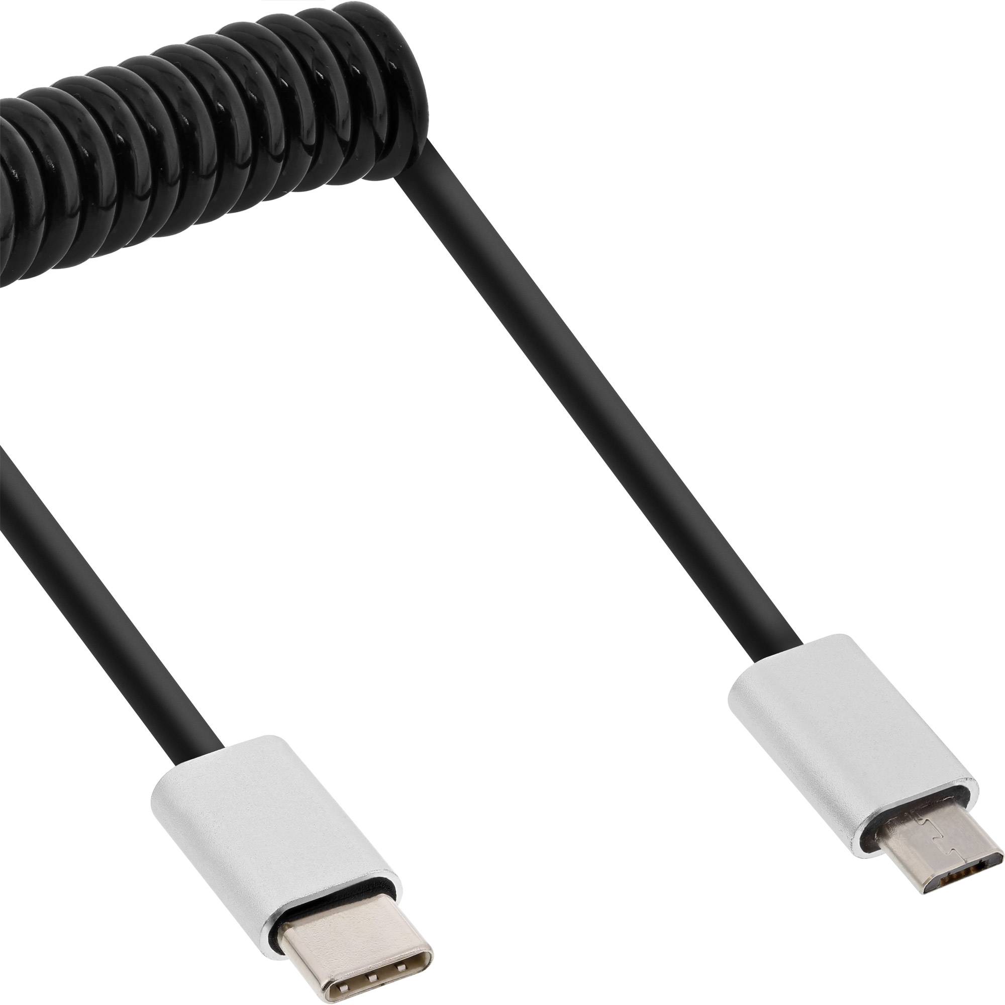 INLINE - USB 2.0 Spiralkabel - USB-C ST an Micro-B ST - schwarz/Alu - flexibel - 3m