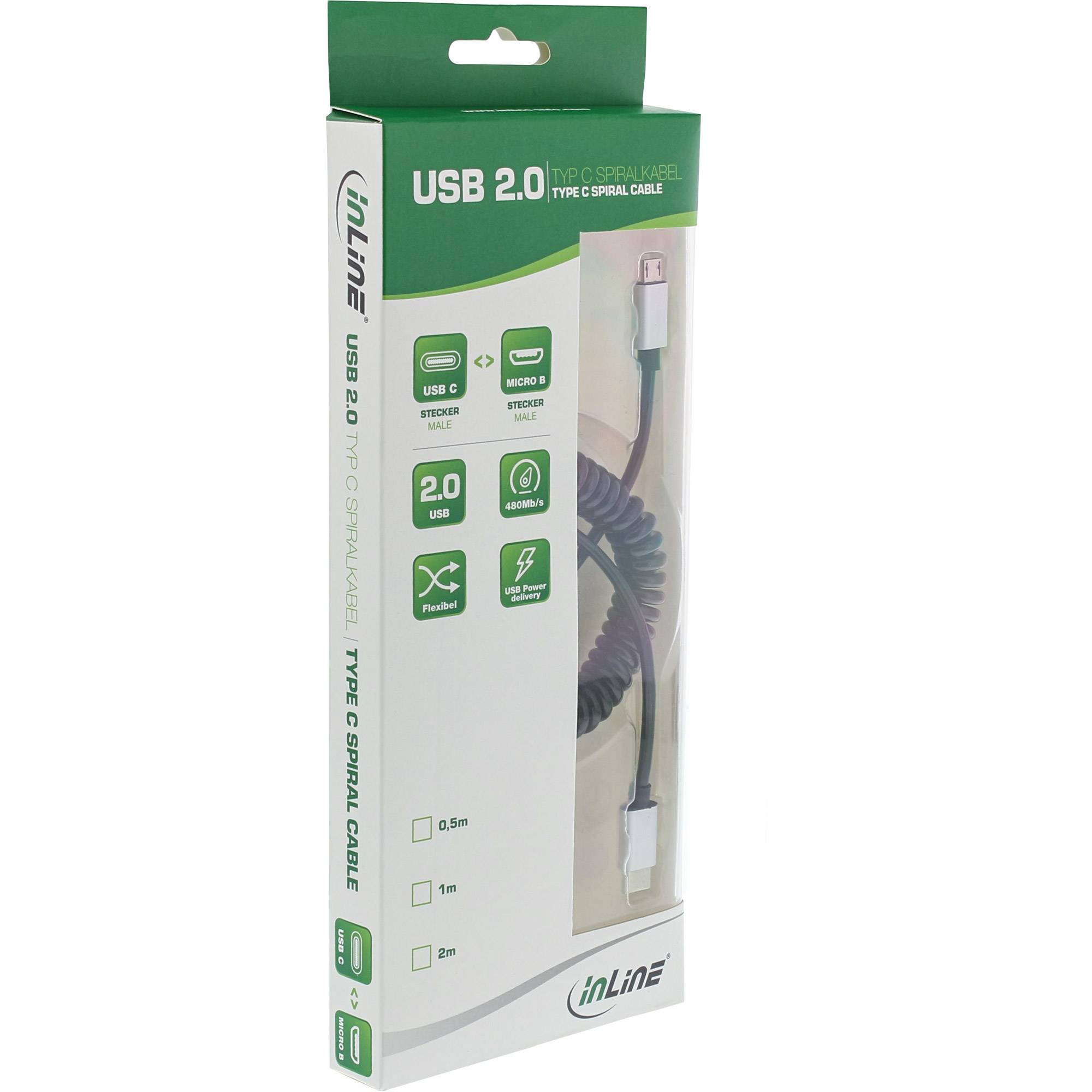 INLINE - USB 2.0 Spiralkabel - USB-C ST an Micro-B ST - schwarz/Alu - flexibel - 3m