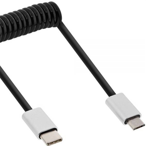 INLINE - USB 2.0 Spiralkabel - USB-C ST an Micro-B ST - schwarz/Alu - flexibel - 3m