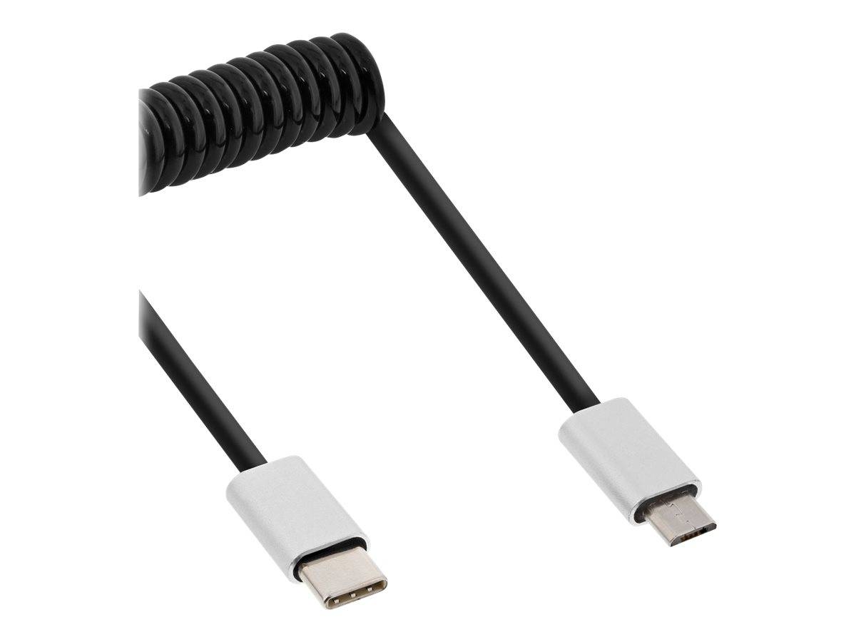 INLINE - USB 2.0 Spiralkabel - USB-C ST an Micro-B ST - schwarz/Alu - flexibel - 3m