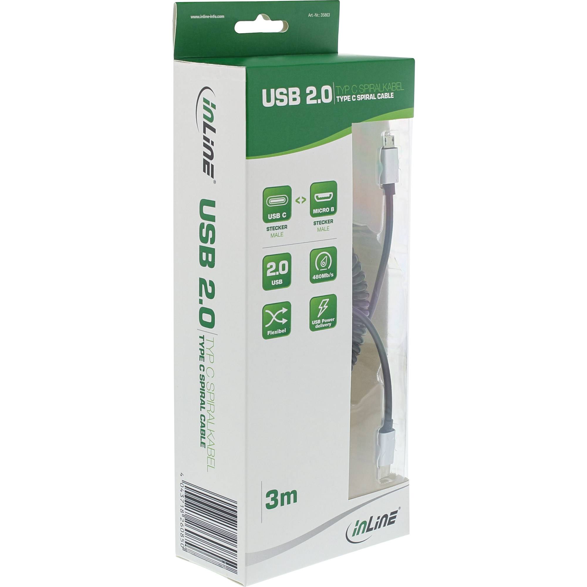 INLINE - USB 2.0 Spiralkabel - USB-C ST an Micro-B ST - schwarz/Alu - flexibel - 3m