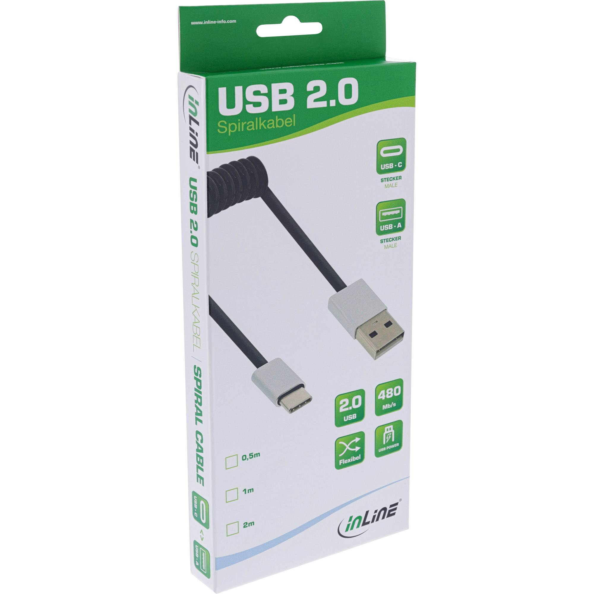 Produktbox für ein InLine USB 2.0 Spiralkabel mit USB-C zu USB-A Anschlüssen und 480 Mbit/s Geschwindigkeitssymbolen.