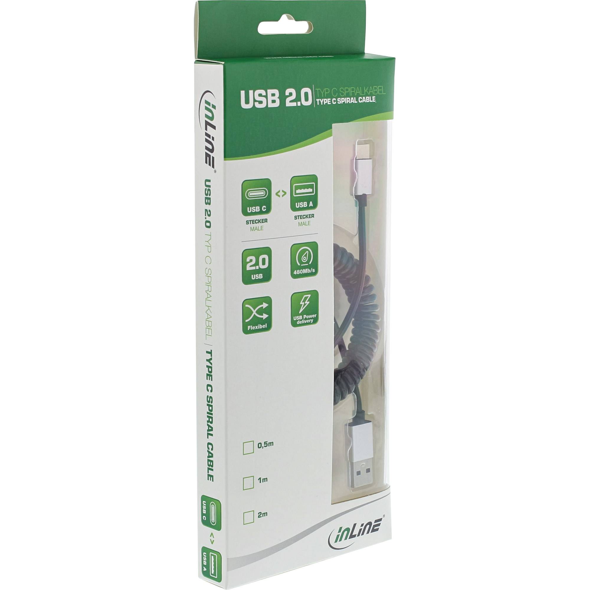 INLINE - USB 2.0 Spiralkabel - USB-C ST an A ST - schwarz/Alu - flexibel - 0,5m