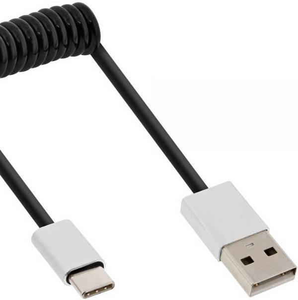 INLINE - USB 2.0 Spiralkabel - USB-C ST an A ST - schwarz/Alu - flexibel - 0,5m