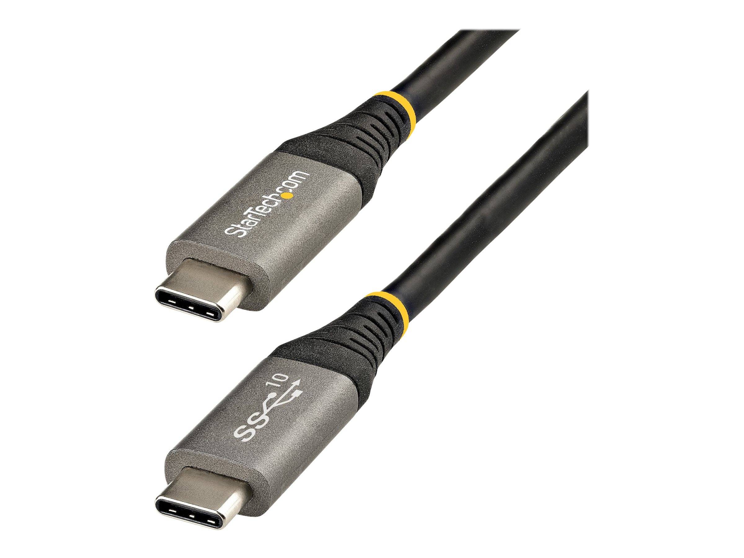 Zwei USB-C-Stecker auf einem schwarzen Kabel, einer mit der Aufschrift „StarTech.com
