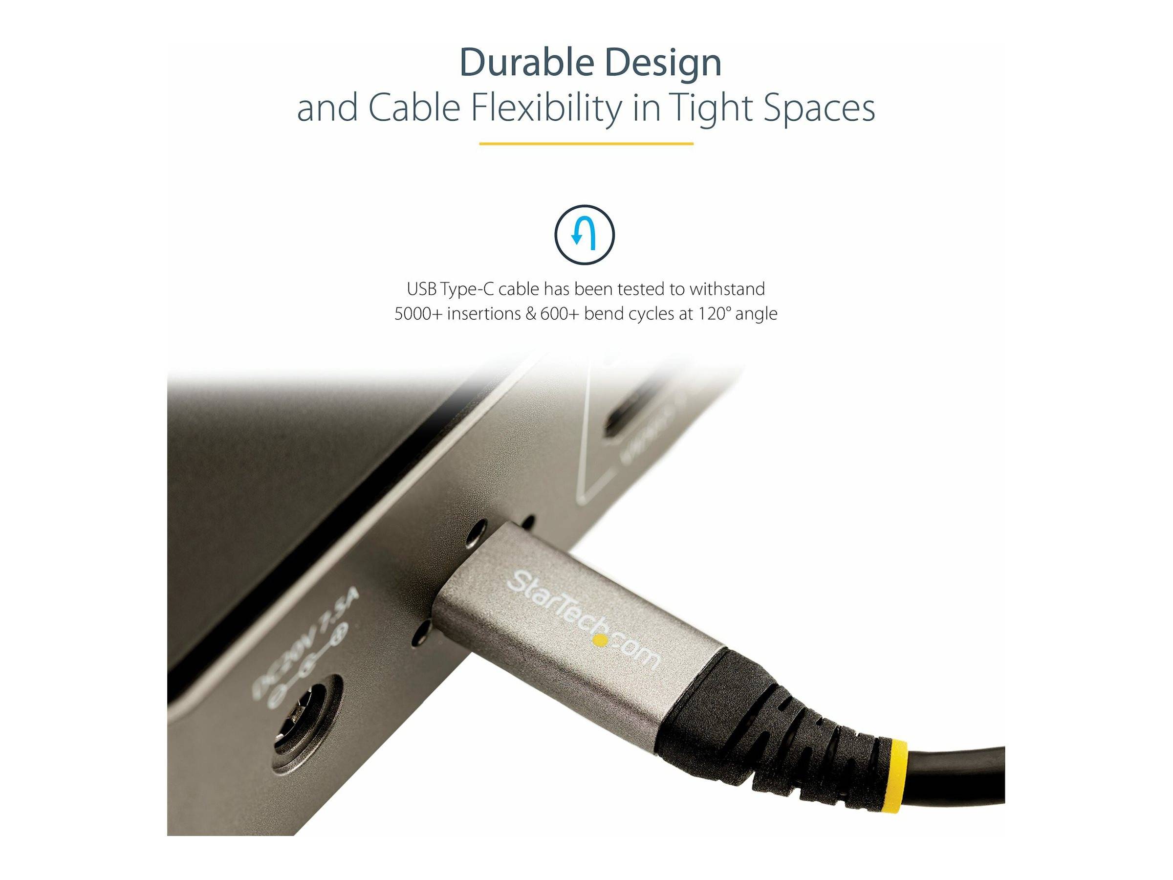USB-C-Kabel, das mit einem Gerät verbunden ist und zeigt robustes Design und Flexibilität in engen Räumen; Text vermerkt 5000+ Einsätze und 600+ Biegungen im 120°-Winkel