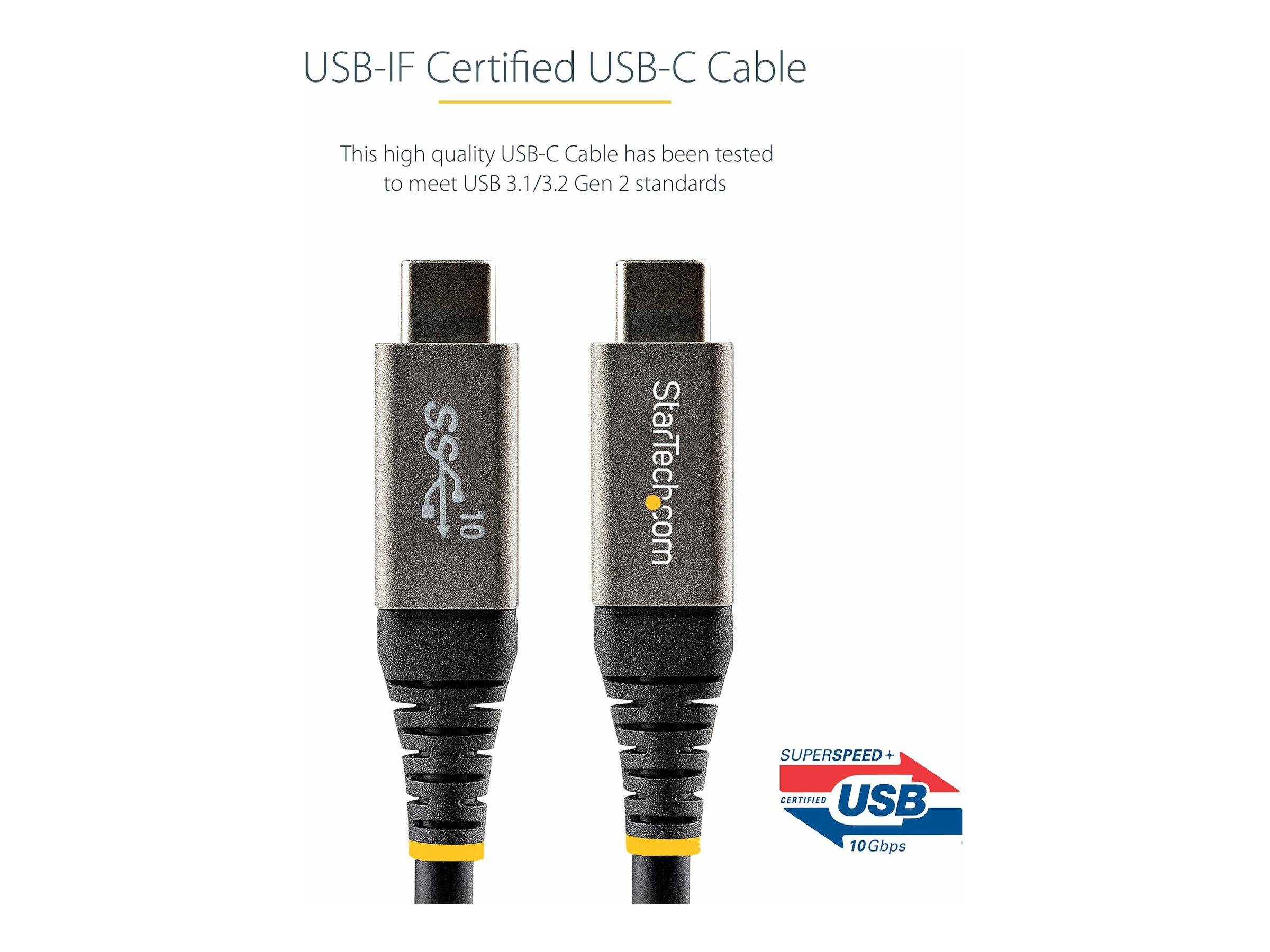 Produktbild eines USB-IF-zertifizierten USB-C-Kabels mit zwei Steckverbindern, gekennzeichnet zur Einhaltung der USB 3.1/3.2 Gen 2-Standards und 10 Gbps Datengeschwindigkeit.