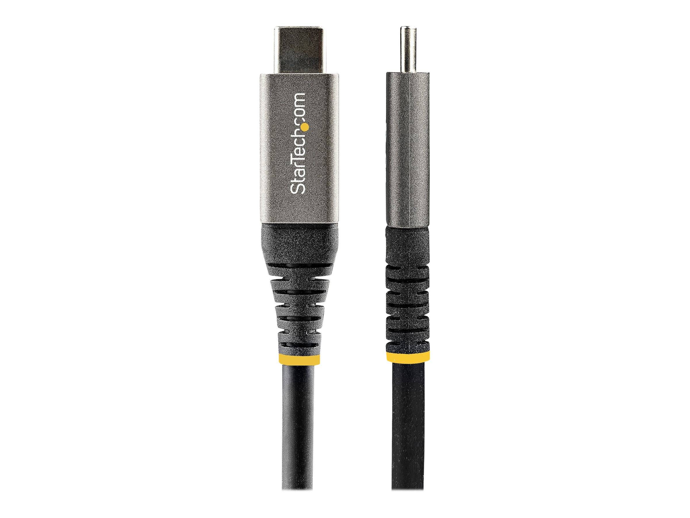 USB-C-Kabel mit zwei Anschlussenden nebeneinander gezeigt, ein flacher umkehrbarer Stecker und eine schlanke zylindrische Spitze, mit Markenzeichen Starch.com.