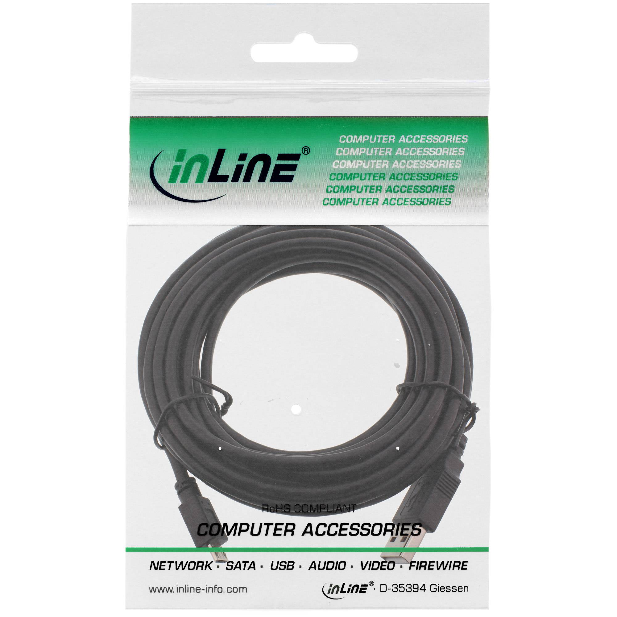 INLINE - Micro-USB 2.0 Kabel - USB-A Stecker an Micro-B Stecker - schwarz - 5m