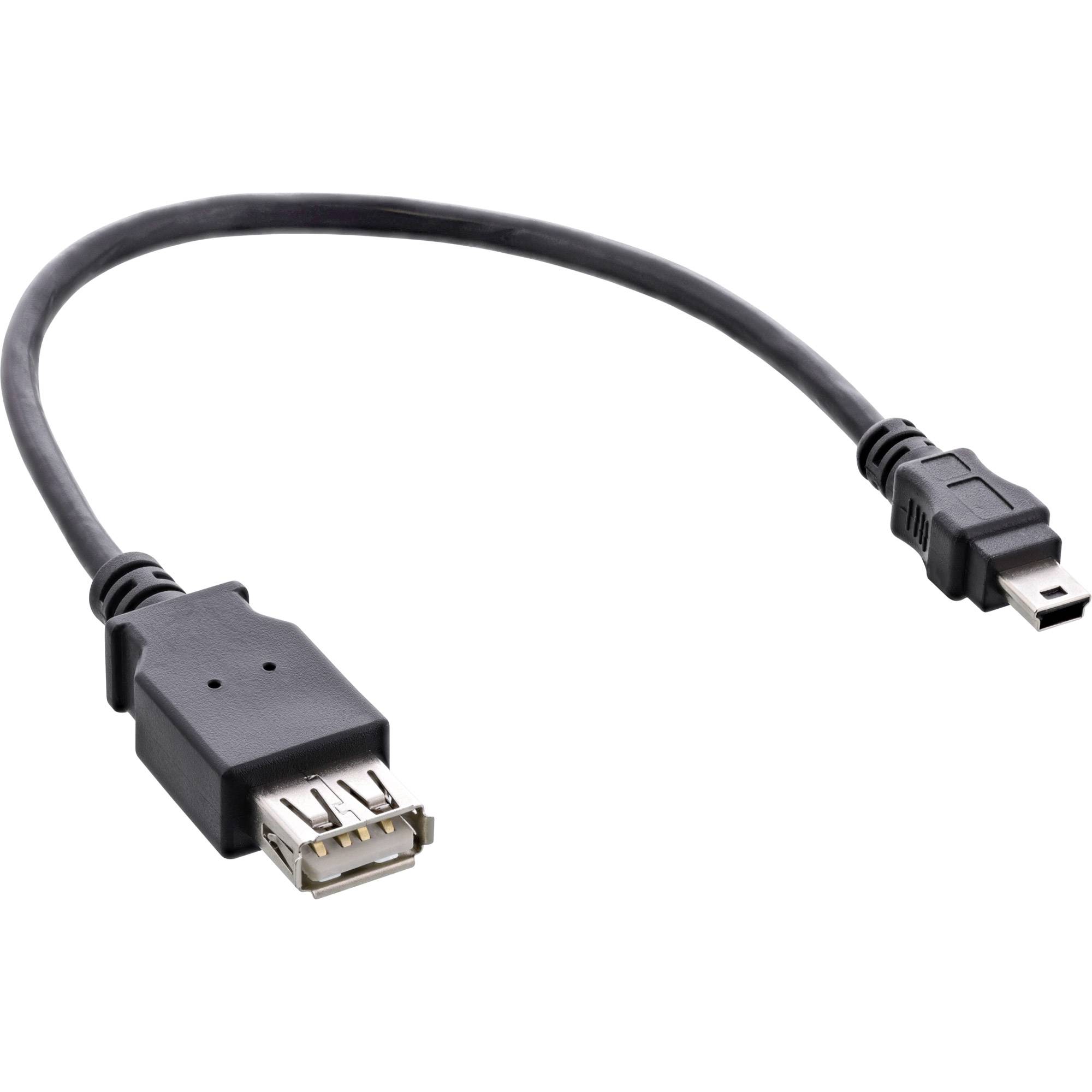 Schwarzes USB-Kabel mit einem Standard-USB-A-Stecker an einem Ende und einem kleineren Mini-USB-Stecker am anderen Ende.