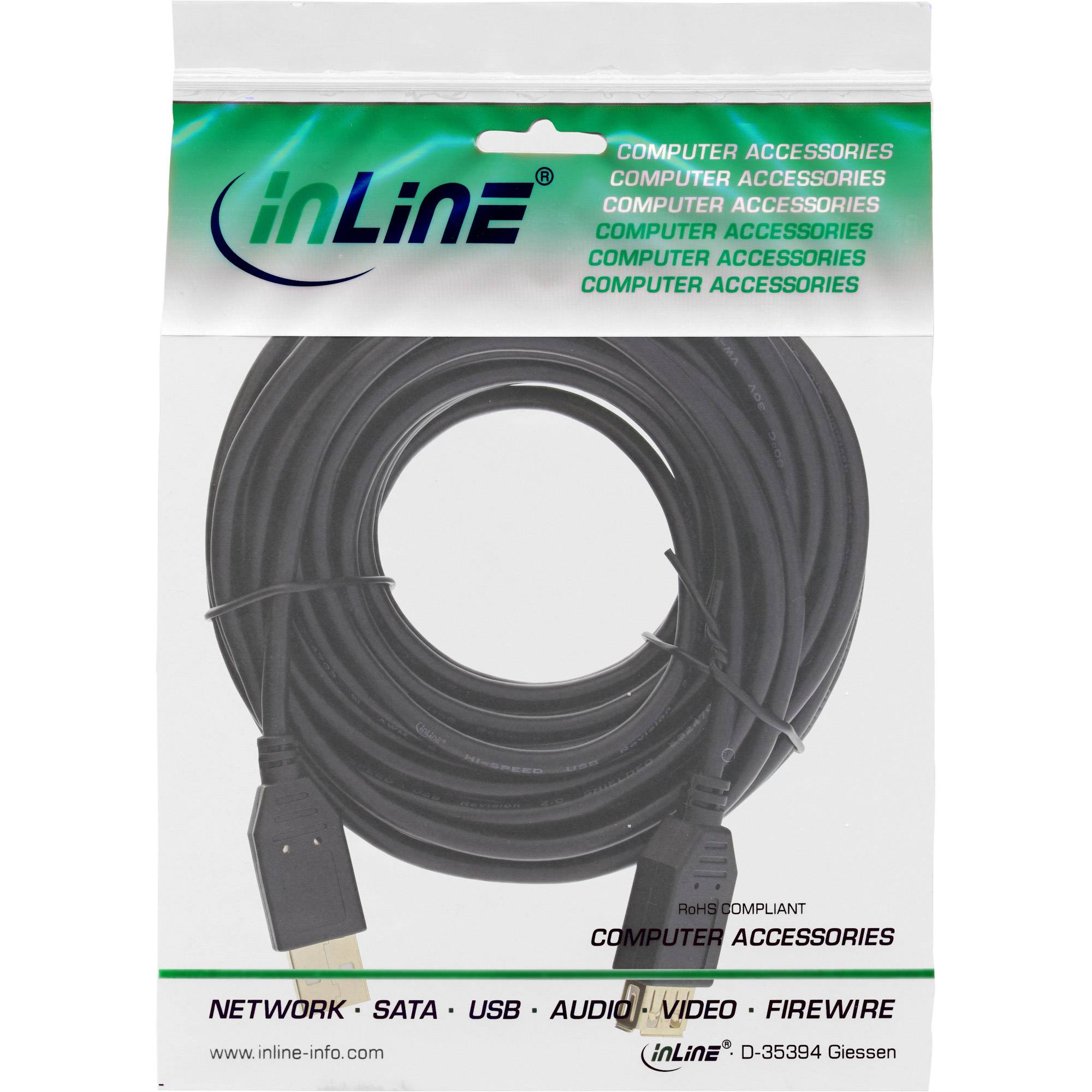 INLINE - USB 2.0 Verlängerung - ST / BU - Typ A - schwarz - Kontakte gold - 10m