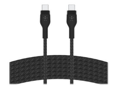 Zwei schwarze geflochtene USB-C-Kabel mit passenden Steckern, die nebeneinander auf weißem Hintergrund dargestellt sind.