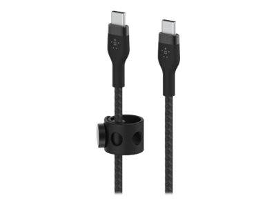 Zwei schwarze USB-C-Kabel mit geflochtenen Ummantelungen, eines wird von einem zylindrischen Kabelclip gehalten.
