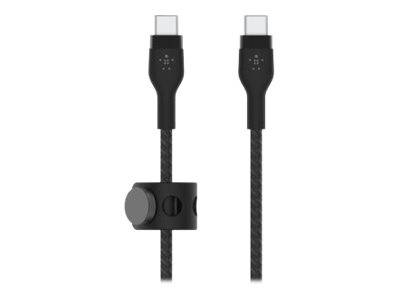 Schwarzes USB-C-Kabel mit einem verstellbaren Clip-on-Kabelorganizer in der Nähe der Mitte, gezeigt auf weißem Hintergrund.