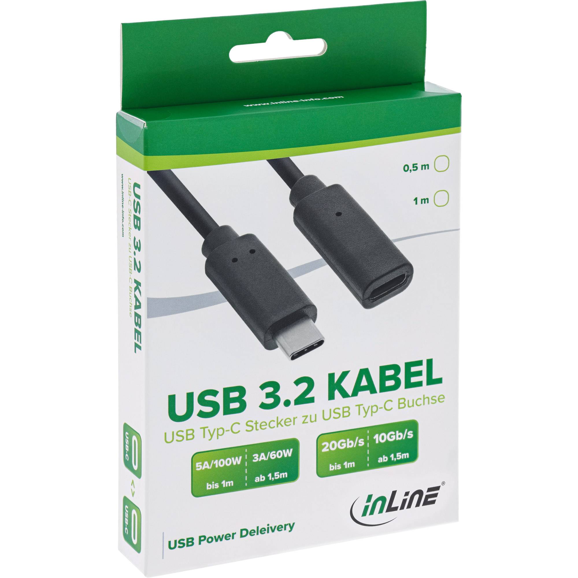 Produktverpackung für ein InLine USB 3.2-Kabel mit USB-C-zu-USB-C-Anschlüssen und Beschriftungen für 5A/100W, 3A/60W, 20Gb/s und 10Gb/s.
