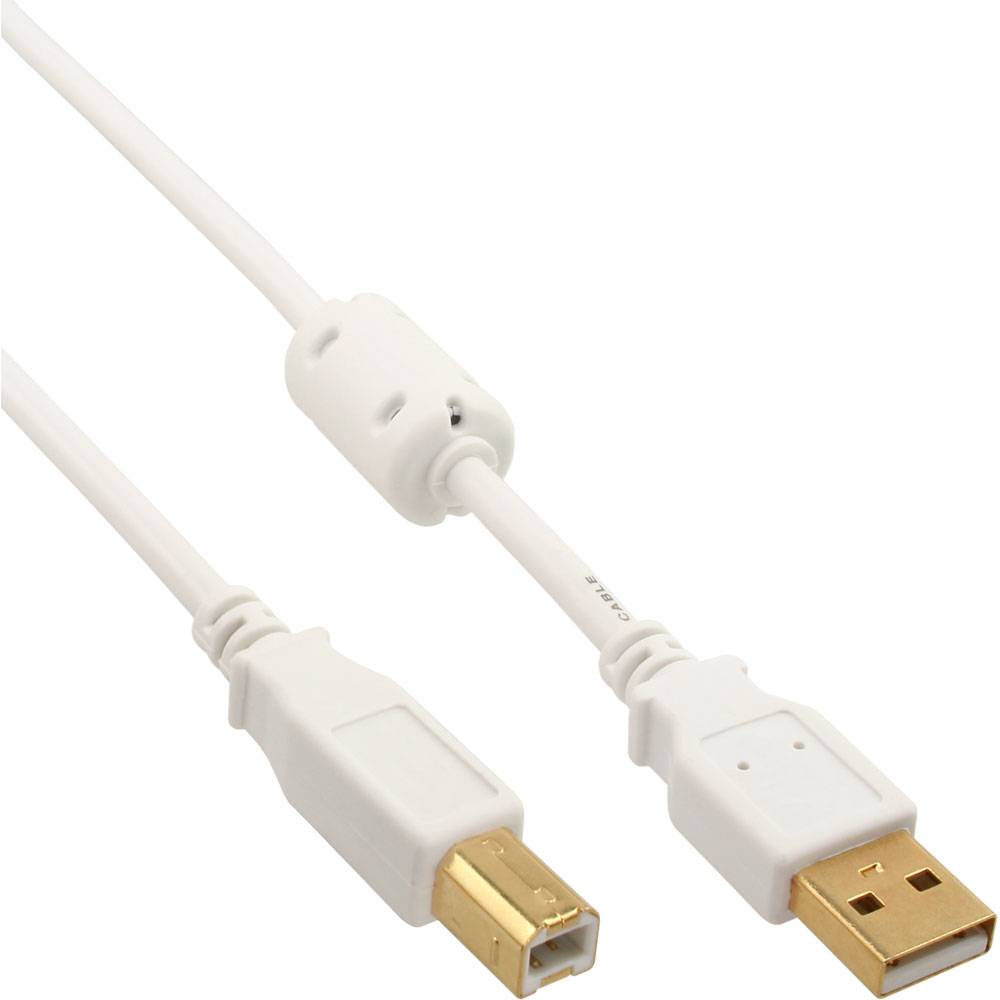 INLINE - USB 2.0 Kabel - A an B - weiß / gold - mit Ferritkern - 1,5m