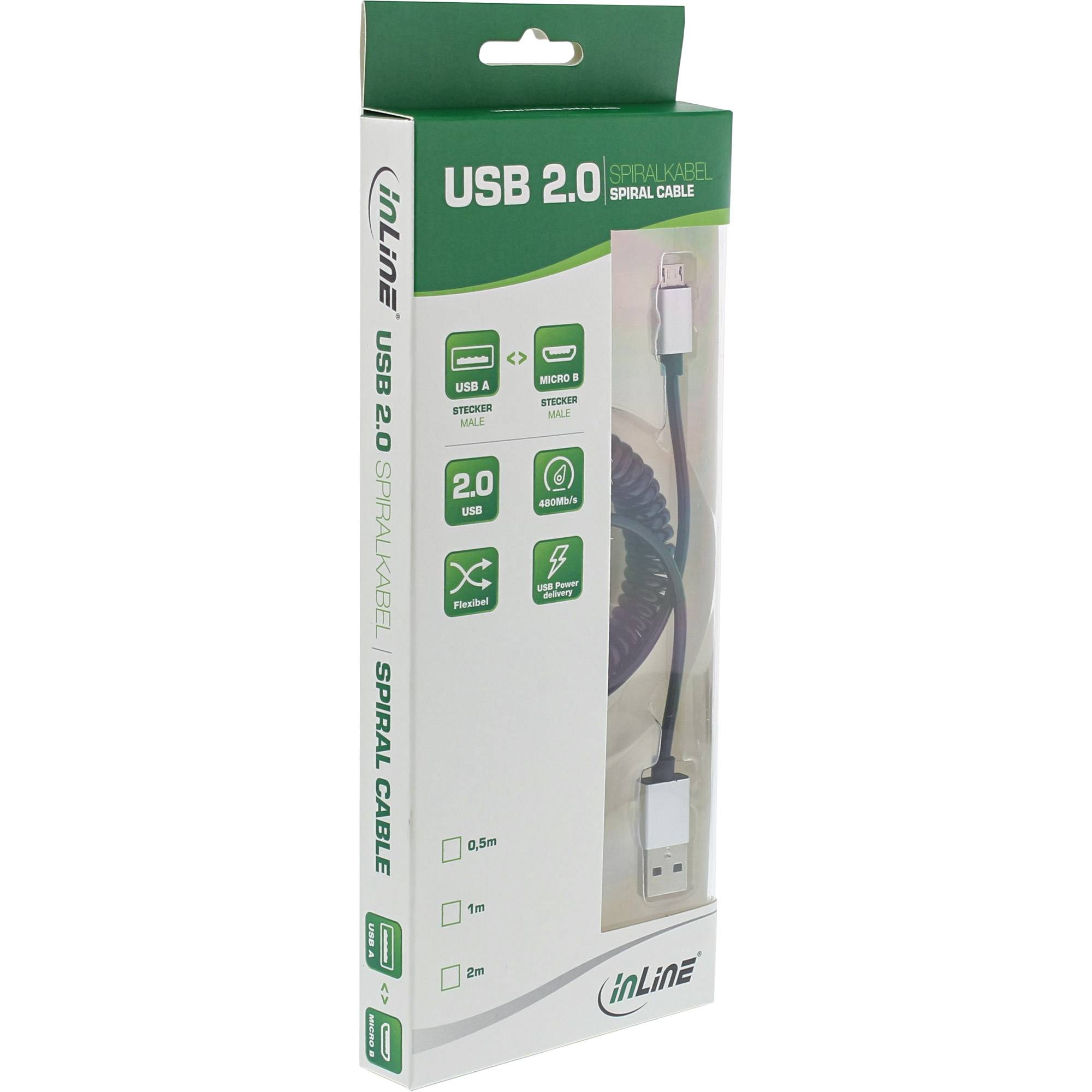 INLINE - Micro-USB 2.0 Spiralk. - USB-A ST/Micro-B ST - schwarz/Alu - flexibel - 3m