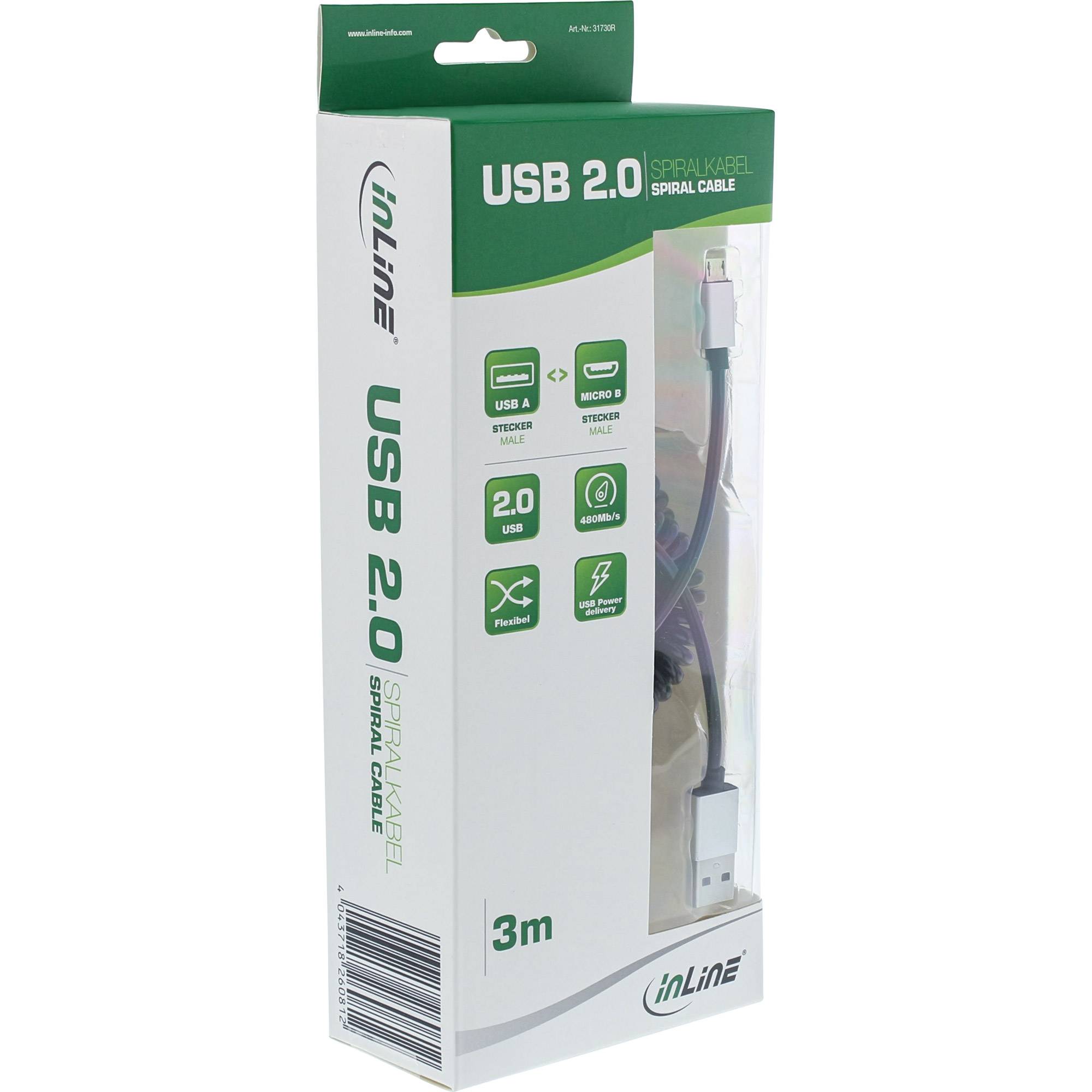 INLINE - Micro-USB 2.0 Spiralk. - USB-A ST/Micro-B ST - schwarz/Alu - flexibel - 3m