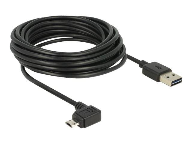 Aufgerolltes schwarzes USB-Kabel mit einem Standard-USB-A-Stecker auf der einen Seite und einem abgewinkelten Micro-USB-Anschluss auf der anderen Seite.