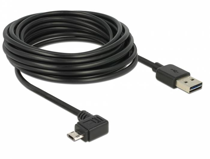 Aufgerolltes schwarzes USB-Kabel mit einem rechtwinkligen Micro-USB-Anschluss und einem Standard-USB-A-Stecker auf weißem Hintergrund.