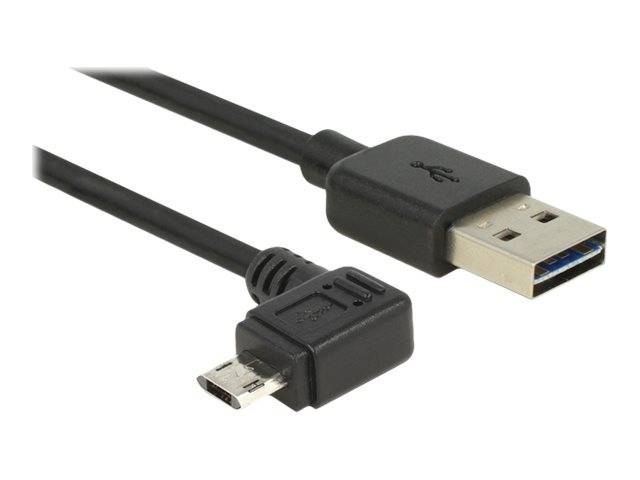 Ein schwarzes USB-Kabel mit einem Standard-USB-A-Stecker an einem Ende und einem rechtwinkligen Micro-USB-Anschluss am anderen Ende.
