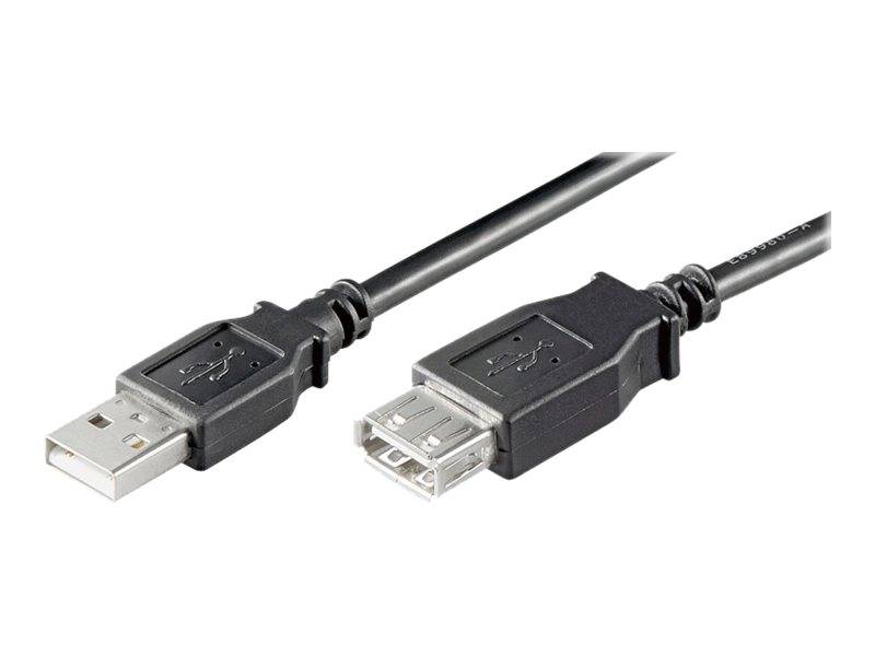 Zwei USB-Kabelstecker, ein Standard-USB-A-Stecker und ein USB-Verlängerungs-/Buchsenende, auf weißem Hintergrund dargestellt.