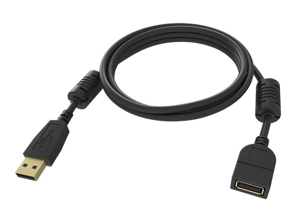 Schwarzes USB-Verlängerungskabel mit einem männlichen USB-A-Stecker auf der einen Seite und einem weiblichen USB-A-Anschluss auf der anderen Seite, aufgerollt auf weißem Hintergrund dargestellt.