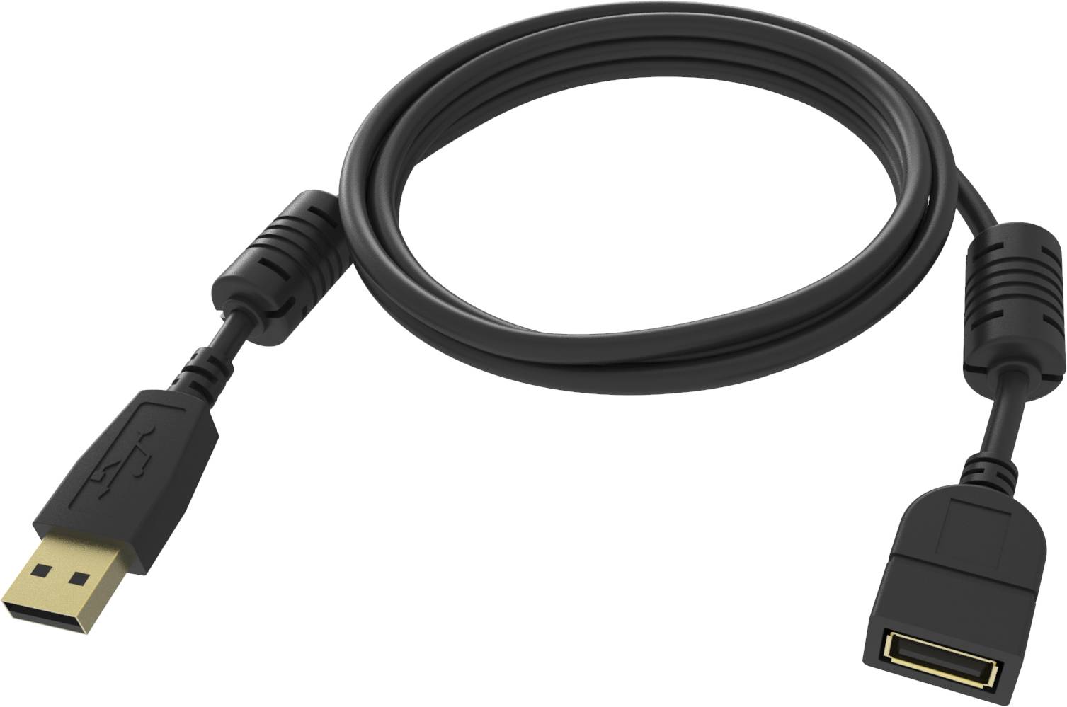 USB-Verlängerungskabel mit einem männlichen USB-A-Stecker an einem Ende und einem weiblichen USB-A-Anschluss am anderen Ende, aufgerollt auf weißem Hintergrund dargestellt