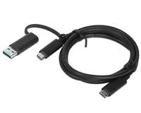 Schwarzes USB-Kabel mit zwei verschiedenen Anschlüssen, aufgerollt auf weißem Hintergrund.