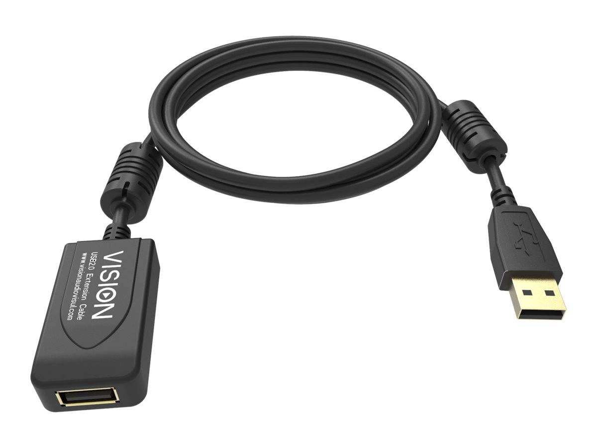 Schwarzes USB-Verlängerungskabel mit einer weiblichen Buchse an einem Ende und einem männlichen USB-A-Stecker am anderen Ende.
