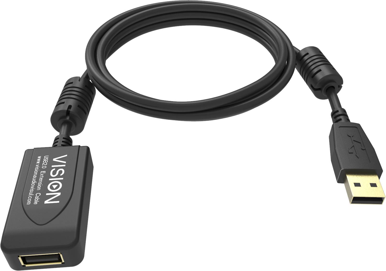 Schwarzes USB-Kabel mit einem integrierten Vision-Adapter, der einen USB-A-Stecker und einen USB-A-Buchse zeigt.